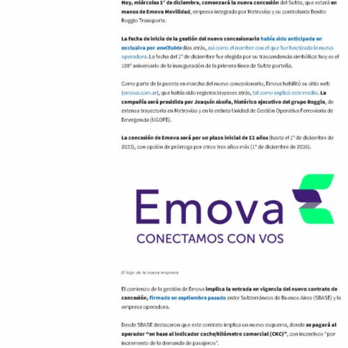Nota de en el Subte sobre nueva concesión de Emova