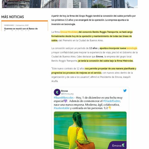 Nota de Ferroviario sobre la nueva concesión del subte a cargo de Emova