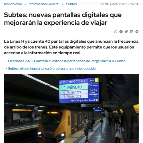 Nota de Ámbito sobre las nuevas pantallas digitales en el Subte