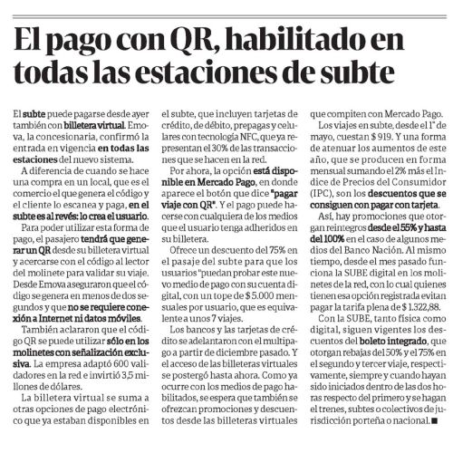Nota de Clarín sobre el pago con QR